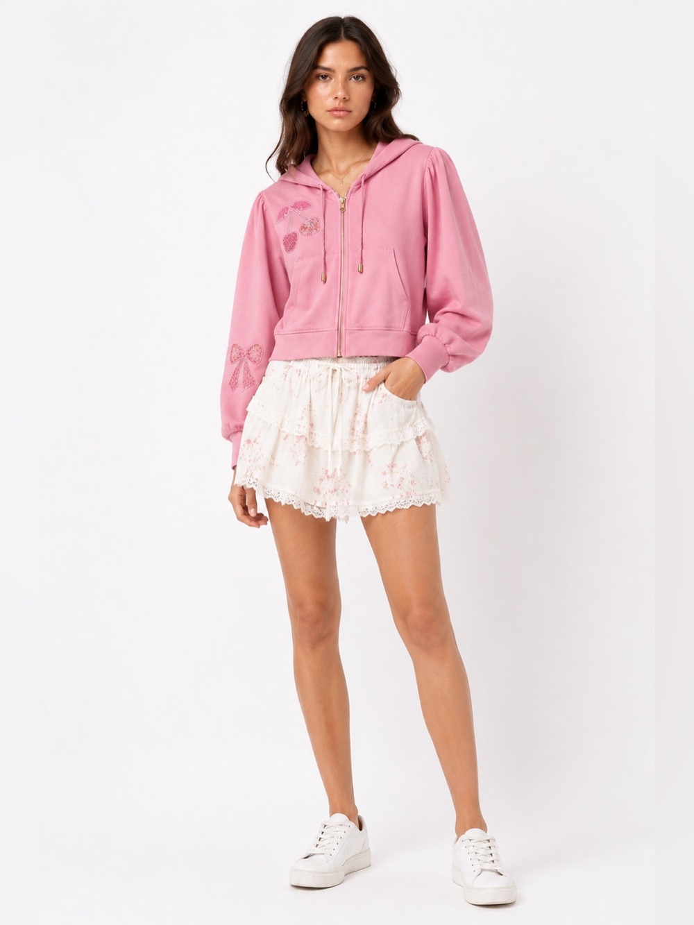 New! Love Shack Fancy Hasana Embroidered Cherries + Bow patches zip up hoodie🍒🎀